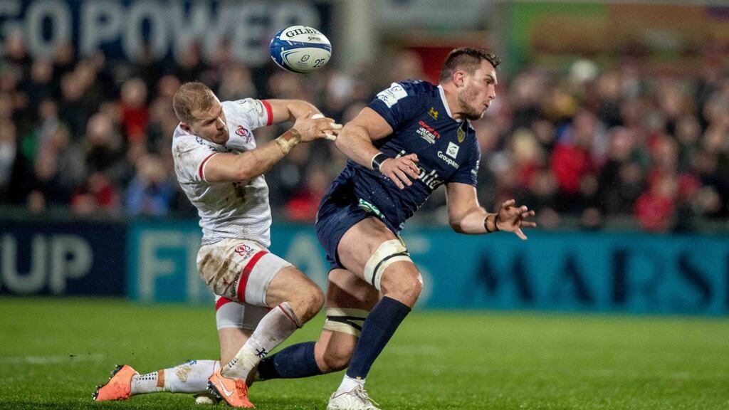 Ulster fullback Will Addison has received a four-week suspension for this tackle on Clermont Auvergne secondrow Paul Jedrasiak  in last weekend’s Heineken Champions Cup at Kingspan stadium. Photograph: Morgan Treacy/Inpho