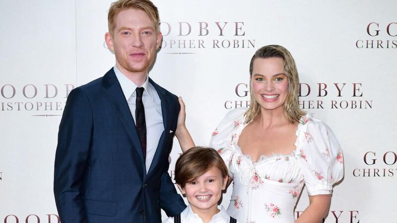 Domhnall Gleeson, Will Tilston and Margot Robbie attending the world premiere of Goodbye Christopher Robin at the Odeon in Leicester Square, London. Photograph: Ian West/PA Wire