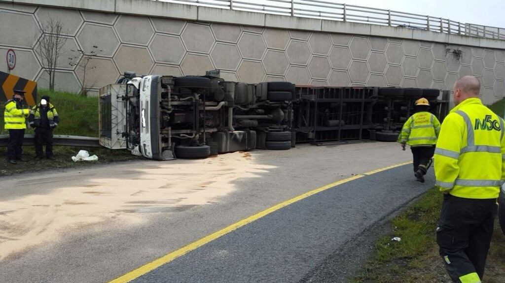 Overturned truck on a slip road near the M50 on Monday. Photograph: Garda traffic/Twitter