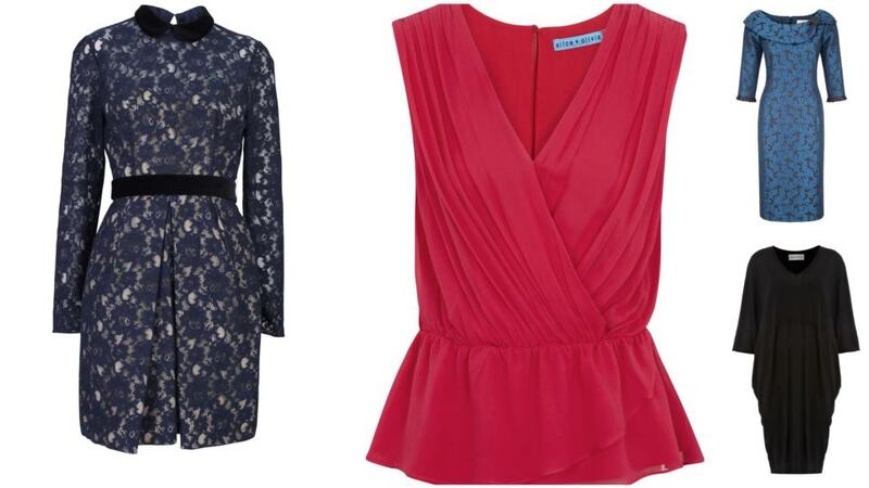 ARNOTTS (left): Jill Stuart dress, reduced from €315 to €157.50; HARVEY NICHOLS (middle): ruched pink top by Alice & Olivia, was €270, now €135; ELLEN B (top right): Heidi Higgins “Gabriella” dress, reduced from €395 to €199; HOUSE OF FRASER (bottom right): crepe dress by Mary Portas, down from €129 to €64.50