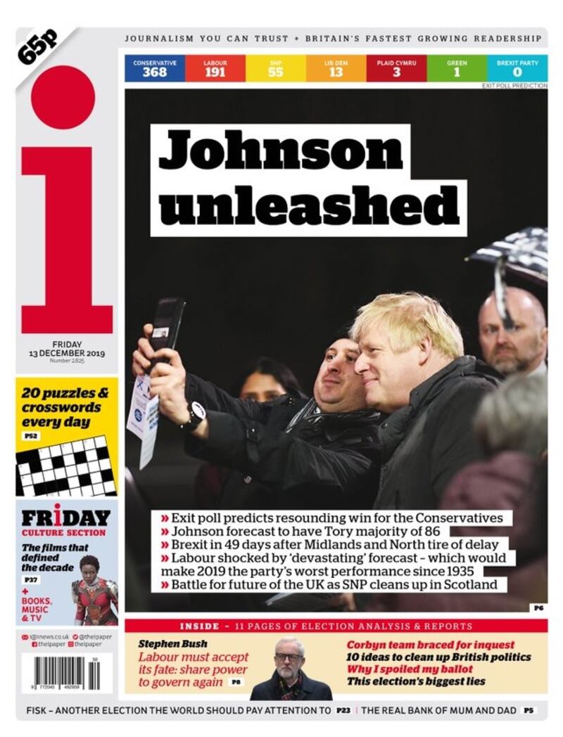 ‘Johnson unleashed’, the front page of i, December 13th, 2019