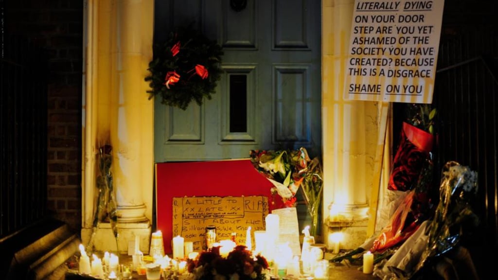 Candles pictured outside at the doorway in Molesworth street where Jonathon Corrie who was homeless was found dead. Photograph: Aidan Crawley/The Irish Times