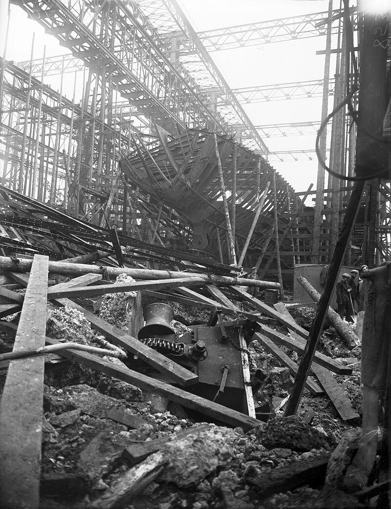 Damage caused by the German air-raids to Queen’s Yard, Harland & Wolff. Photograph: Courtesy of/ copyright National Museums NI, Ulster Museum Collection