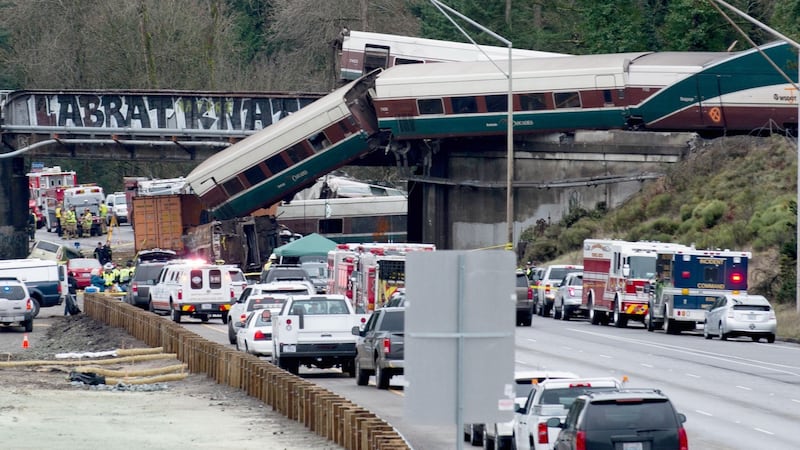 The scene after an Amtrak high-speed train derailled from an overpass near the city of Tacoma, Washington state. Photograph: Getty Images