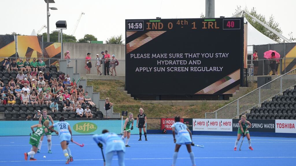 The scoreboard warns of extreme heat during Ireland’s World Cup win over India in London. Photo: Joe Toth/Inpho
