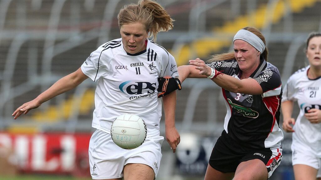 Kildare’s Maria Moolick in action against and Ruth Goodwin of Sligo during the TG4 Ladies Intermediate All-Ireland Football semi-final at Kingspan Breffni Park. Photograph: Lorraine O’Sullivan/Inpho