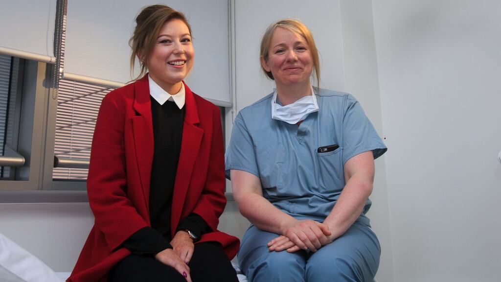 Lung transplant recipient Leigh Bagnall, with her consultant thoracic lung transplant surgeon Ms Karen Redmond at the Mater hospital in Dublin on Wednesday. Photograph: Gareth Chaney/Collins