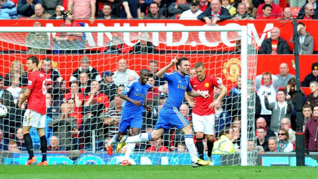 Chelsea’s Juan Mata celebrates scoring the winnier. Photograph: Martin Rickett/PA Wire