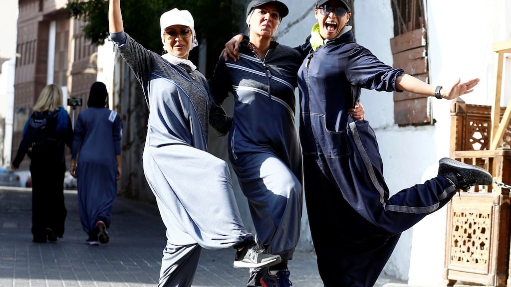 Women gesture during a running event marking International Women’s Day in Old Jeddah, Saudi Arabia. Photograph: Faisal Al Nasser/Reuters