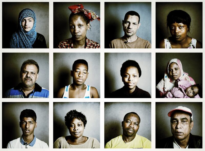 Portraits of asylum seekers in direct provision in 2014. Top row from left: Minahil, Mosa, Heidar and Noreen. Middle row: Laiq, Tebogo, Yolanda, and Naifaty with baby Halima. Bottom row: Waleed, Patricia, Gbenga and Badrul. Photographs: Bryan O’Brien