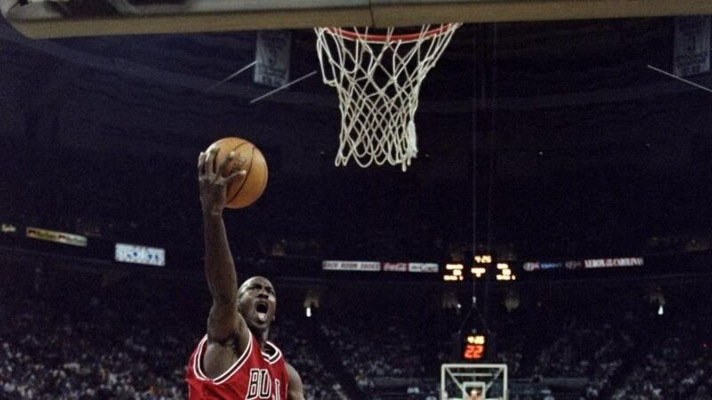 Michael Jordan in action for the Chicago Bulls jumps during the East Conference semi-finals against the Charlotte Hornets. Photograph: Craig Jones