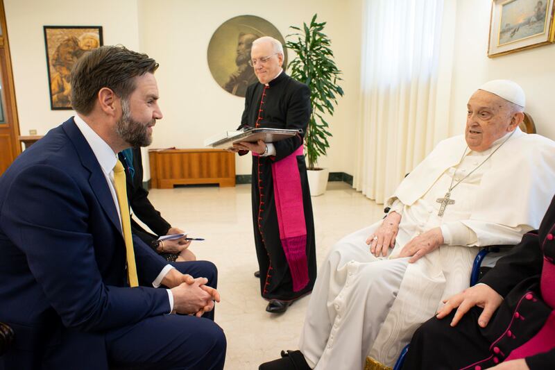 Pope Francis meets US vice-president JD Vance. Photograph: Vatican Media/AQP