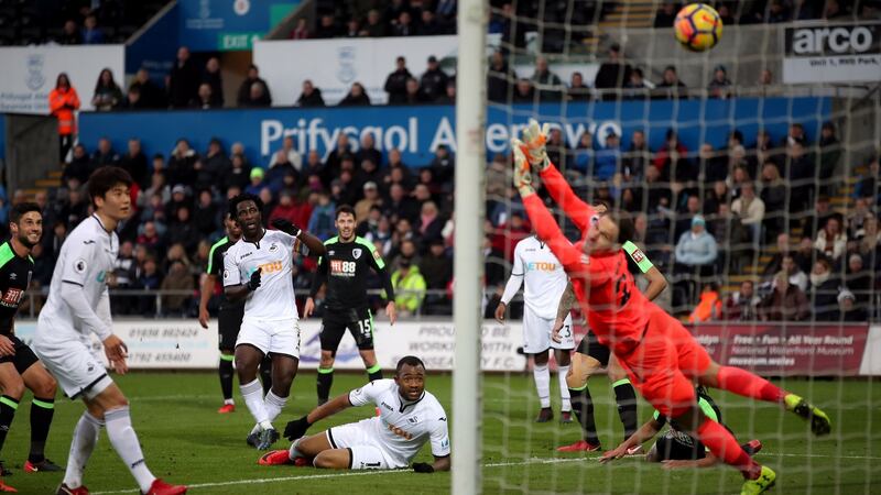 Swansea City’s Wilfried Bony scores before having the goal disallowed. Photograph: Nick Potts/PA Wire.