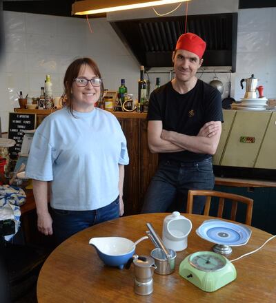 Gwen McGrath and Ken Doherty, in Assassination Custard, Kevin Street Lower, Dublin. with some of the items they like to use in their kitchen. Photograph: Dara Mac Dónaill