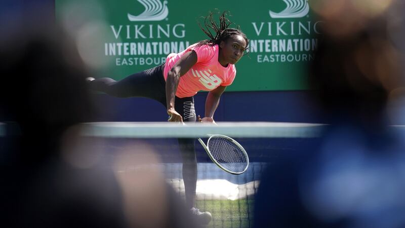 Coco Gauff on the practice court at Eastbourne ahead of Wimbledon. Photo: Gareth Fuller/PA Wire