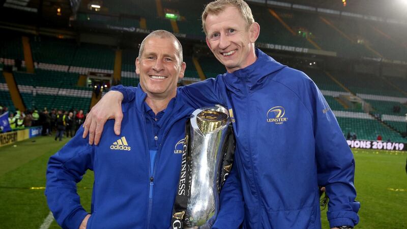 Leinster’s senior coach Stuart Lancaster and head coach Leo Cullen celebrate after winning the Pro14 final. Photograph: Dan Sheridan/Inpho