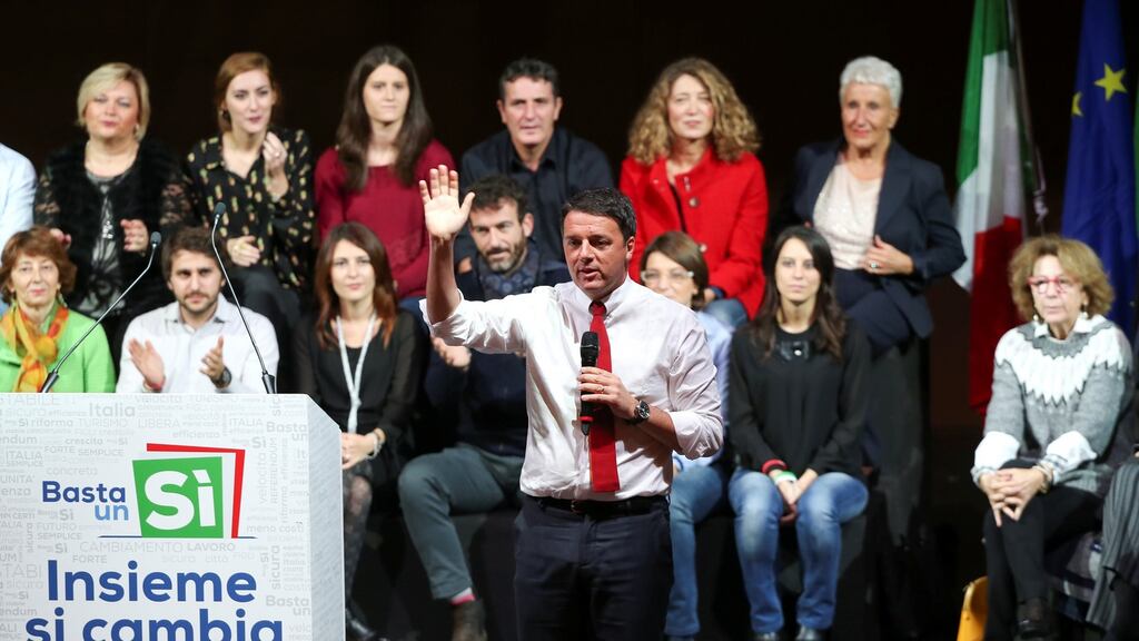 Italian prime minister Matteo Renzi during a meeting in support of the “Yes” vote in the upcoming constitutional reform referendum. Photograph: Alessandro Bianchi/Reuters