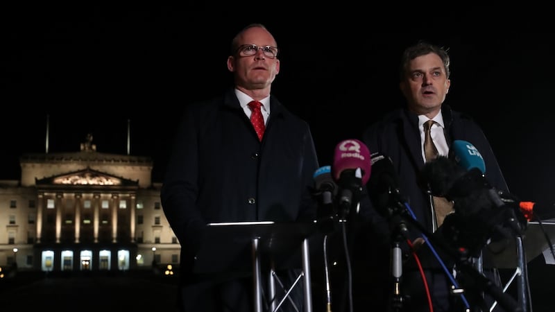 Tánaiste Simon Coveney and Northern Secretary Julian Smith issue a statement outside Stormont on Thursday evening. Photograph: Niall Carson/PA Wire