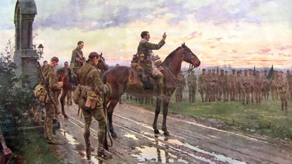 The Last General Absolution of the Munster Fusiliers at Rue de Bois, a painting by Italian artist Fortunino Matania, depicting the front line near where Capt Arthur O’Sullivan took part in the 1914 truce during the first World War