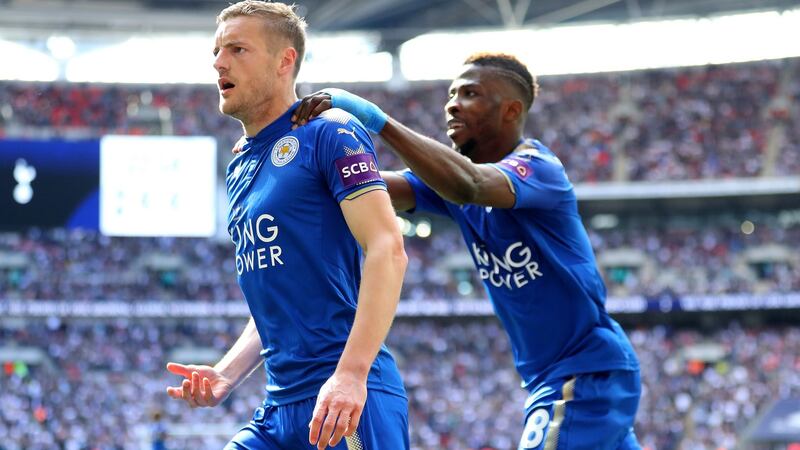 Jamie Vardy celebrates his second against Tottenham. Photograph: Warren Little/Getty