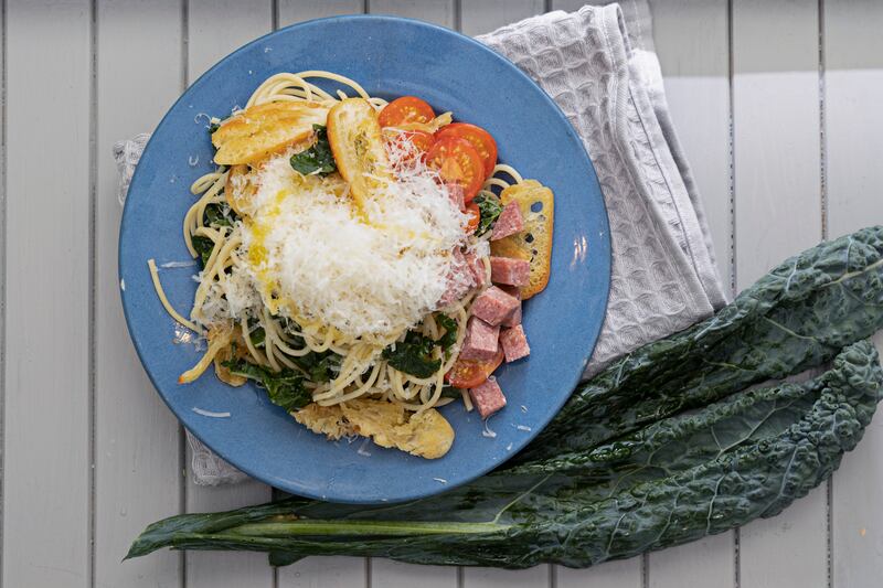 Spagetti with Summer kale, roasted garlic and salami Paul Flynn- Photo by Harry Weir Photography