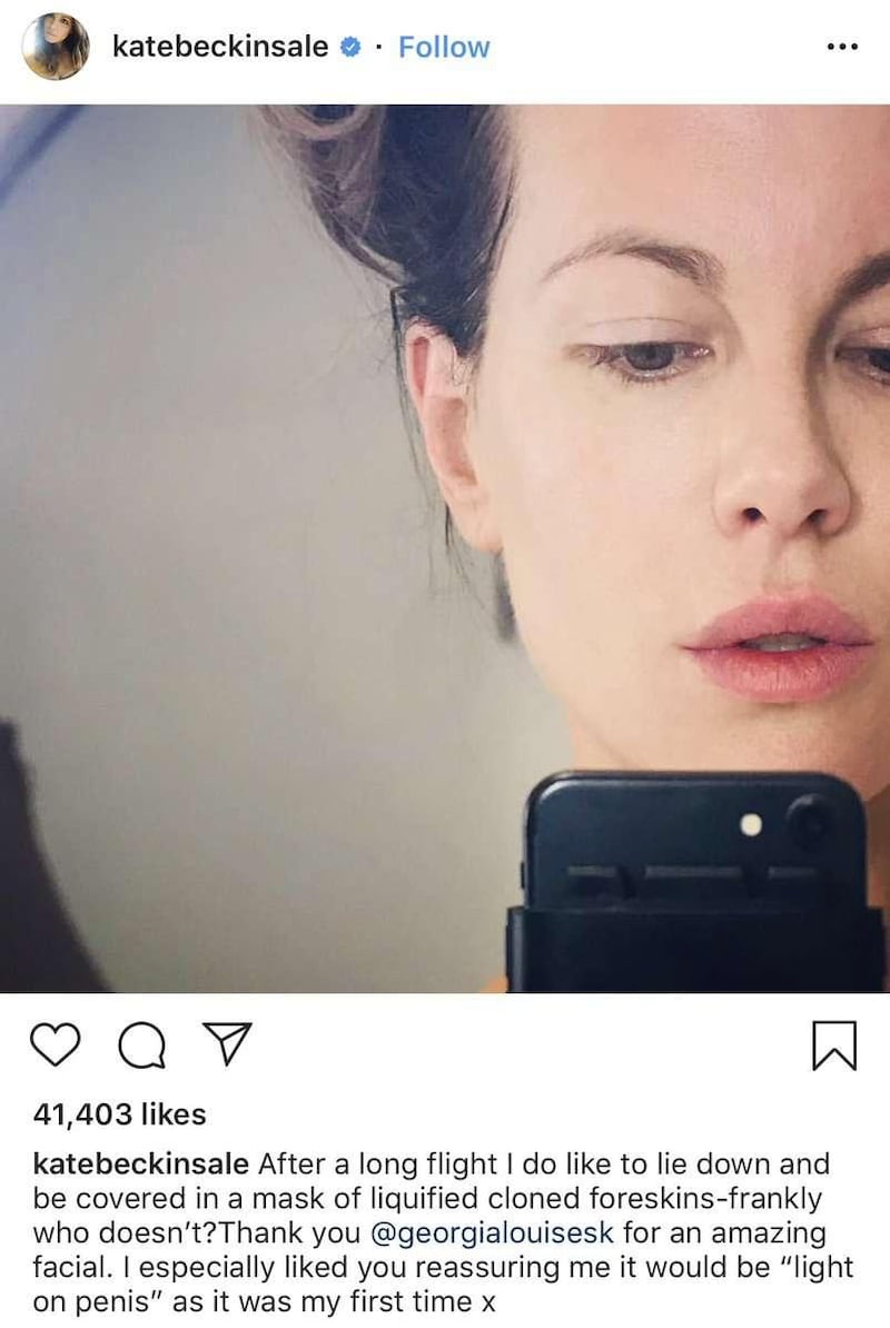 Kate Beckinsale on Instagram: “After a long flight I do like to lie down and be covered in a mask of liquefied cloned foreskins – frankly who doesn’t?”