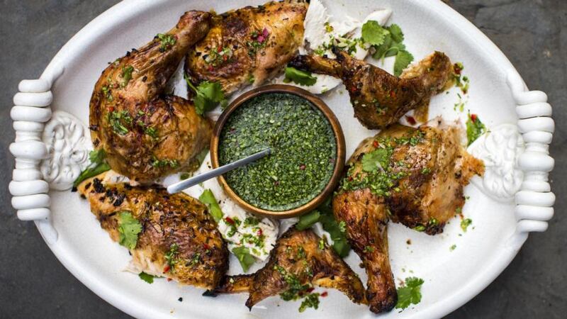 Beer-can BBQ chicken served with a salty, sweet and sour Thai Nam Jin dressing. Photograph: Donal Skehan