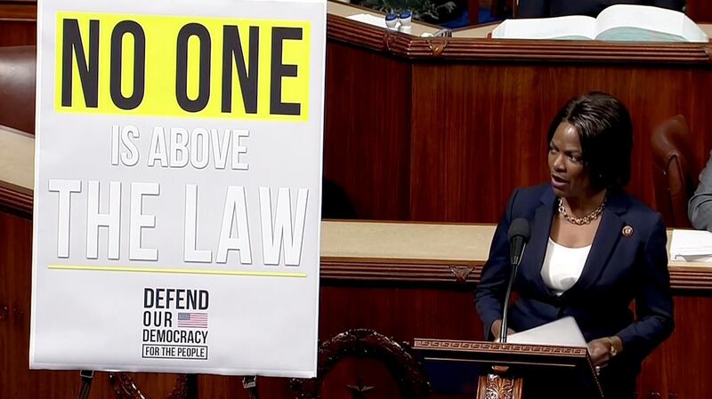 Democrat Val Demings speaking ahead of a vote on two articles of impeachment against US president Donald Trump in Washington. Photograph: House TV via Reuters