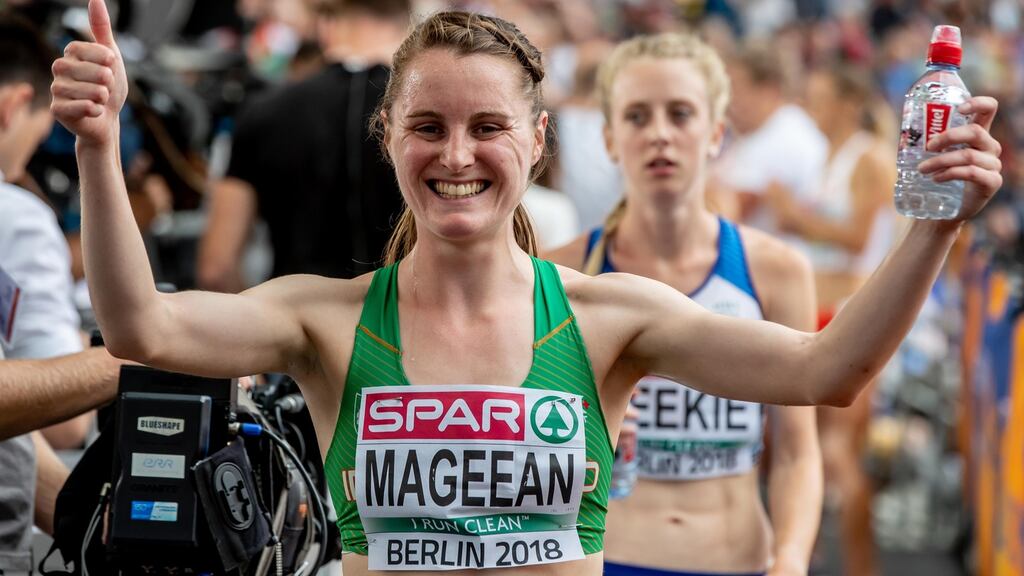 Ireland’s Ciara Mageean celebrates finishing second in her heat of the women’s 1500m. Photograph: Morgan Treacy/Inpho