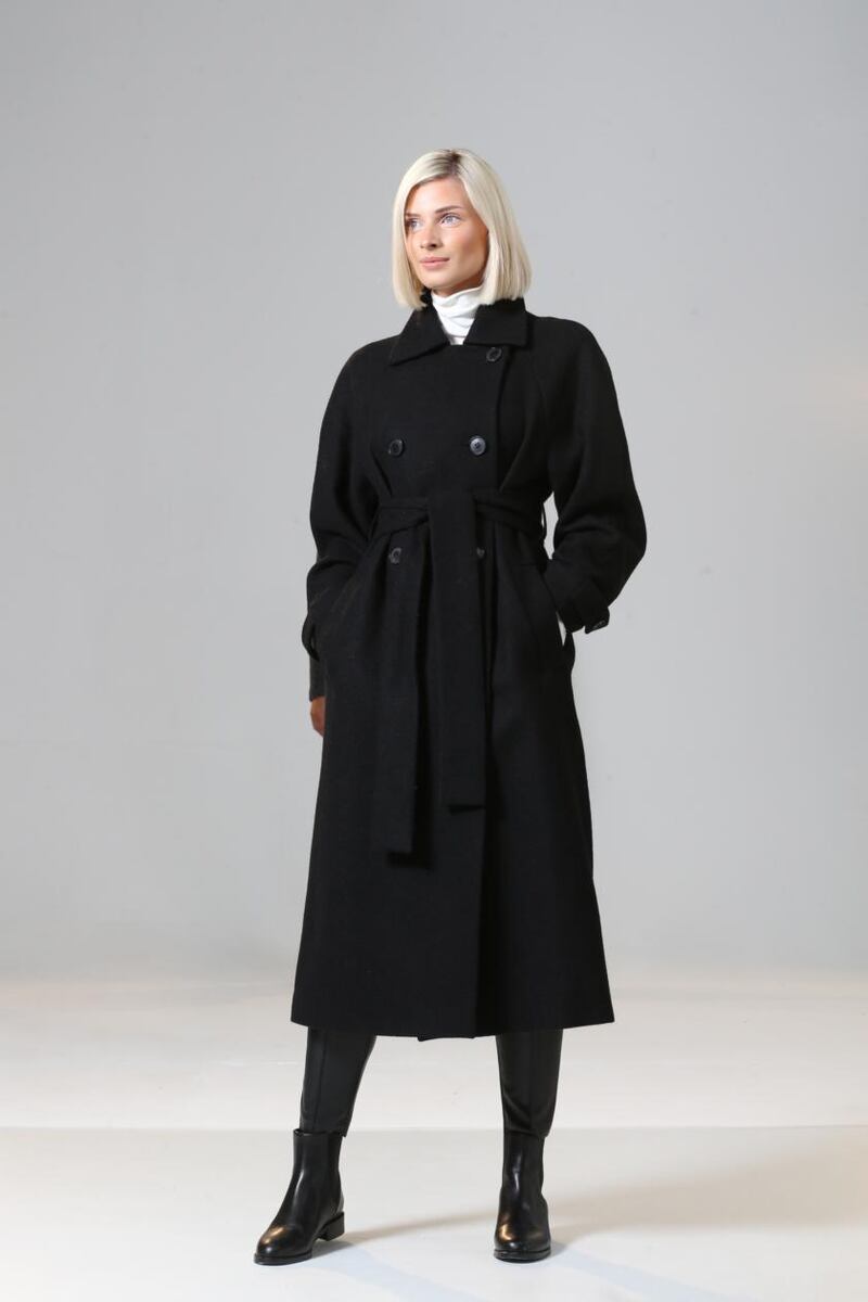 Double-breasted Irish tweed coat in alpaca and wool, €765, from the Landskein