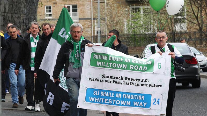 Rovers fans walk from Milltown to Tallaght in 2012. Photo: Lorraine O’Sullivan/Inpho