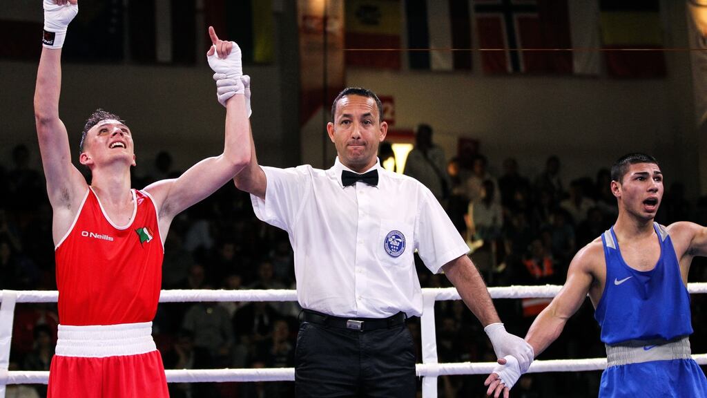 Ireland’s Brendan Irvine celebrates after winning his box-off against Bulgaria’s Daniel Asenov in Turkey and qualify for the Rio Olympic Games. Photograph: Ilyas Gun/Inpho