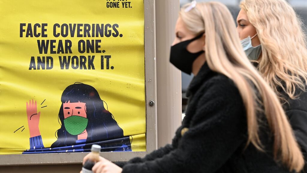 Women wearing a face masks due to the Covid-19 pandemic in Manchester, northern England this week after localised restrictions were introduced across northwest following a spike in cases. Photograph: Paul Ellis/AFP/Getty Images