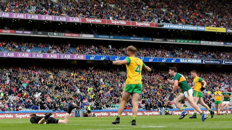 Kerry’s Paul Geaney celebrates scoring a goal against Donegal. Photograph: James Crombie/Inpho
