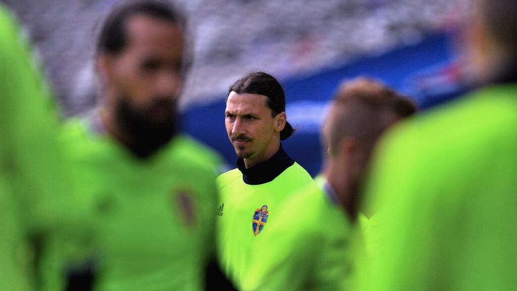 Sweden striker Zlatan Ibrahimovic during a training session in Toulouse ahead of Friday’s meeting with Italy. Photograph: Vassil Donev/EPA