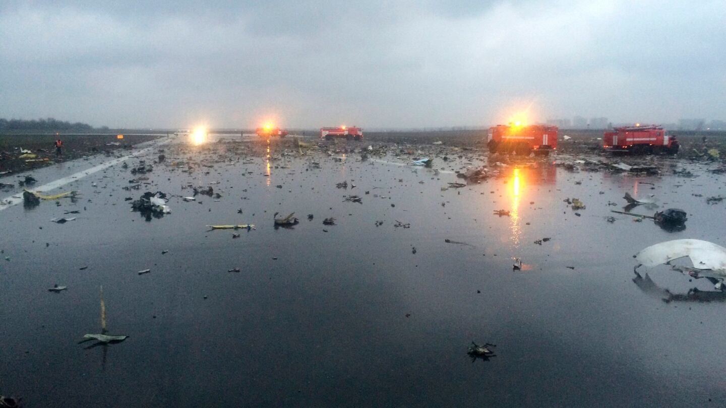 Russian emergency fire trucks are seen among the wreckage of a crashed plane at the Rostov-on-Don airport, about 950 kilometers south of Moscow. Photograph: vk.com/rostovnadonu group via AP