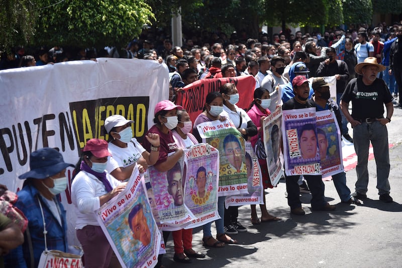 Relatives of the disappeared students in Iguala in 2014 and students protest outside the Israeli embassy in Mexico City on September 21st, 2022, to demand the extradition of former general attorney Tomas Zeron de Lucio. Photograph: Claudio Cruz/AFP