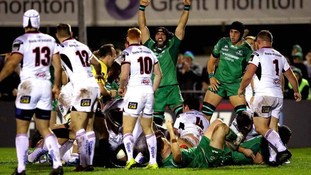 Connacht’s John Muldoon celebrates as Eoghan Masterson scores a try against Ulster in the Guinness Pro14 clash at the Sportsground, Galway, last Saturday. Photograph: Ryan Byrne/Inpho