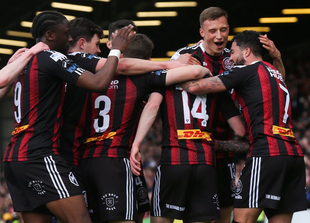James McManus celebrates with his team mates after scoring Bohemians' fifth goal against Cork City on Monday evening. Photograph: Tom Maher/Inpho