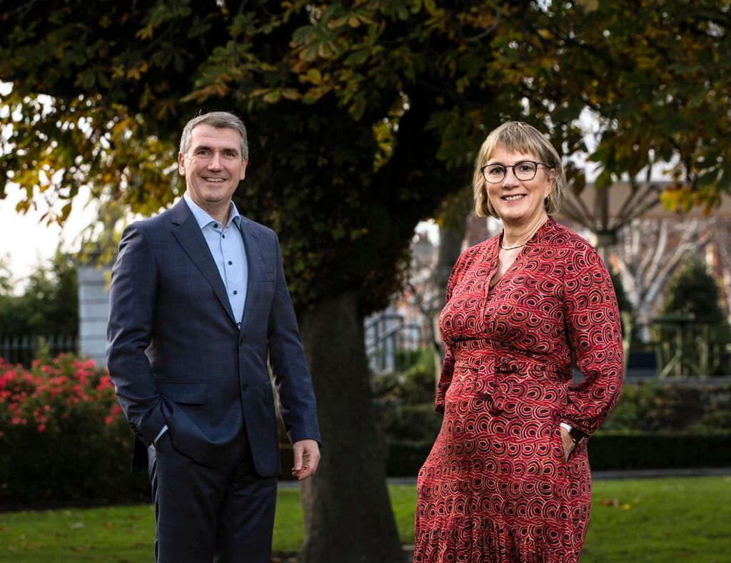 Aongus Hegarty and Julie Sinnamon at the publication of fourth annual report of the Balance for Better Business Review Group, showing Irish businesses have made progress in achieving gender balance. Photograph: Chris Bellew/Fennells