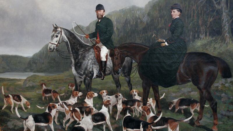 Richard and Alice Stacpoole by the Lake at Edenvale, Ennis with the Clare Harriers, by William Osborne RHA, 1823-1901.