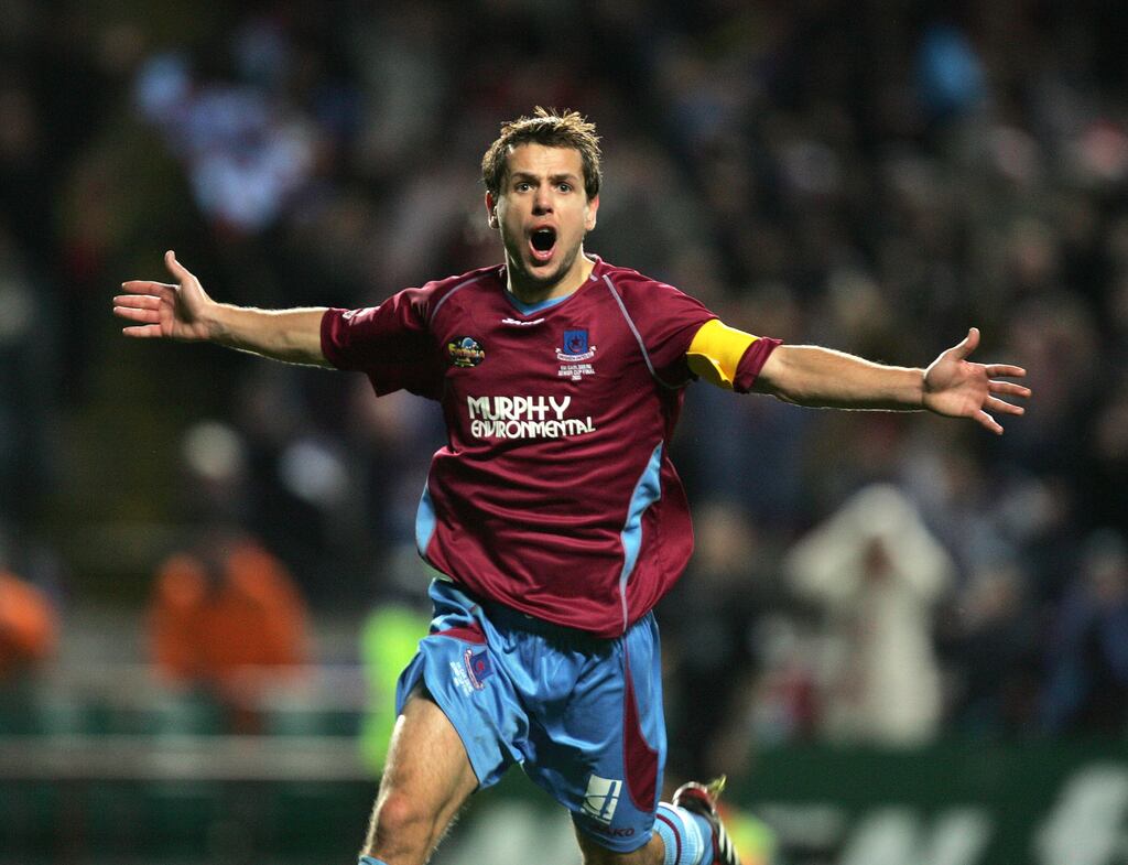 Declan O'Brien of Drogheda United celebrates his goal in the FAI Cup Final in 2005. Photograph: Andrew Paton/INPHO