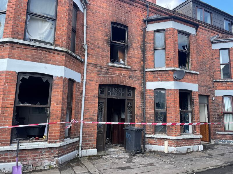 Damaged property at Clonavon Terrace, Ballymena, after a protest over an alleged sexual assault in the Co Antrim town. Photograph: Jonathan McCambridge/PA