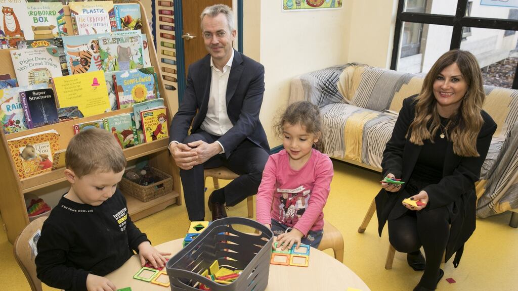 BGF Ireland head Leo Casey with Tigers Childcare founder and chief executive Karen Clince while  Ben Reynolds and Daniella Flynn play away. Photograph: Fennells