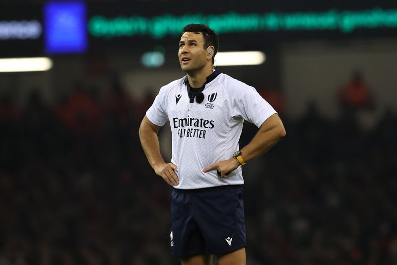 Referee Ben O’Keeffe during the Six Nations match between Wales and Scotland at the Principality Stadium, Cardiff. Photograph: Bryan Keane/Inpho