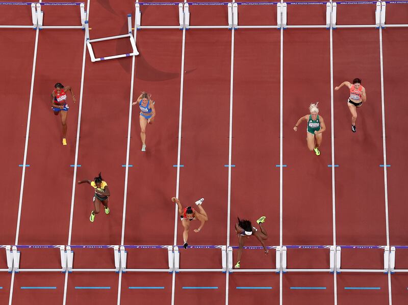 Ireland's Sarah Lavin (second from right) in action during the women's 100m hurdles semi-finals at the World Athletics Championships in Tokyo, Japan. Photograph: Matthias Hangst/Getty Images