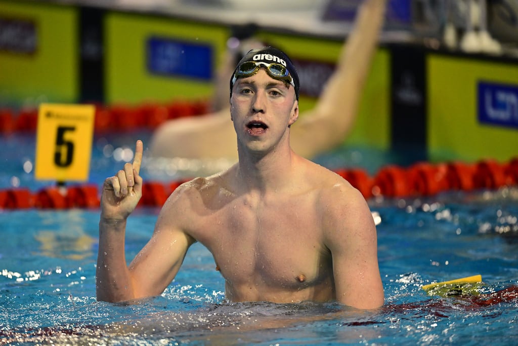 Ireland's Daniel Wiffen reacts after competing during the Men's 400m Freeestyle Final competition of the European Short Course Swimming Championships in Otopeni, Bucharest. Photograph: Daniel Mihailescu/AFP via Getty Images