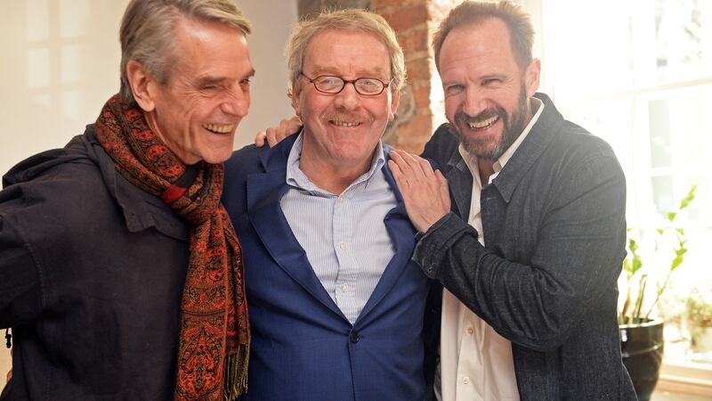 Michael Colgan celebrates his last day as director of the Gate Theatre with actors Jeremy Irons and Ralph Fiennes. Photograph: Eric Luke