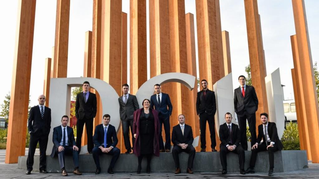 The players, past and present, who have been awarded scholarships, from left: Rob Lowe (Leitrim), Barry Cahill (Dublin), Tadhg Lowe (Roscommon), Donal Wrynn (Leitrim), Cathal Bellew (Louth), Anne Sinnott, executive dean at DCU Business School, Shane Carthy (St Vincent’s), Coman Goggins (Dublin), James McCarthy (Dublin), Chris Breen (Fermanagh), David O’Shaughnessy (Westmeath)and Eoin O’Connor (Louth). Photograph: Ramsey Cardy/Sportsfile