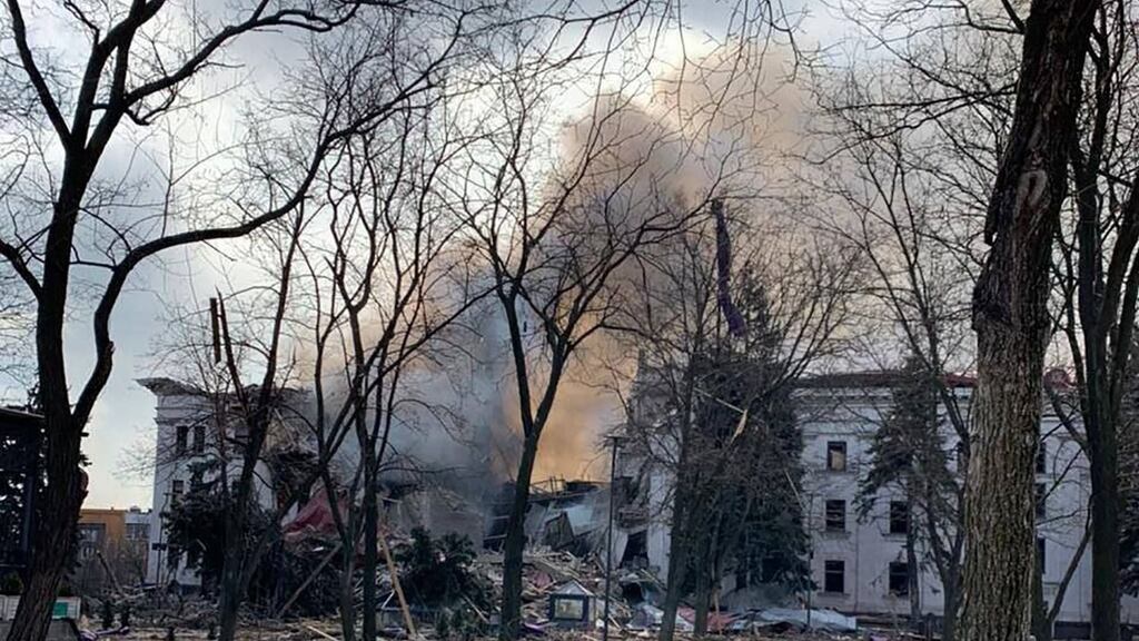 Theatre destroyed by Russian shelling in Mariupol: It is estimated about 80 per cent of the city’s homes are in ruins. Photograph: Telegram/ pavlokyrylenko_donoda/AFP